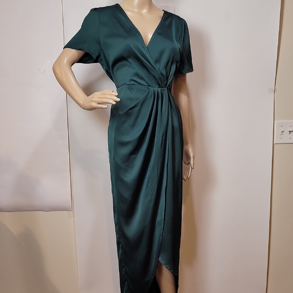 Emerald Green Faux Wrap Ruched Maxi Gown with Flutter Sleeves Pullover Dress